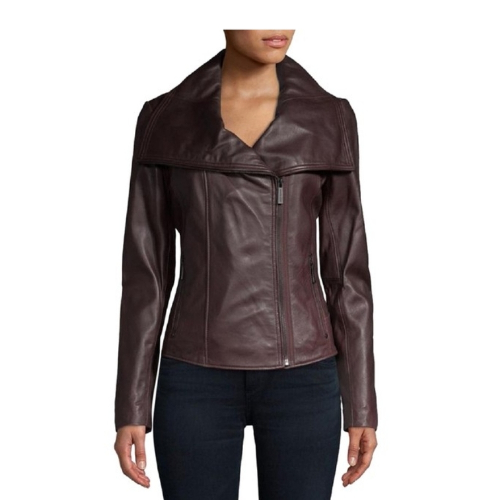 Michael Kors Brown Leather Moto Jacket Size small EUC